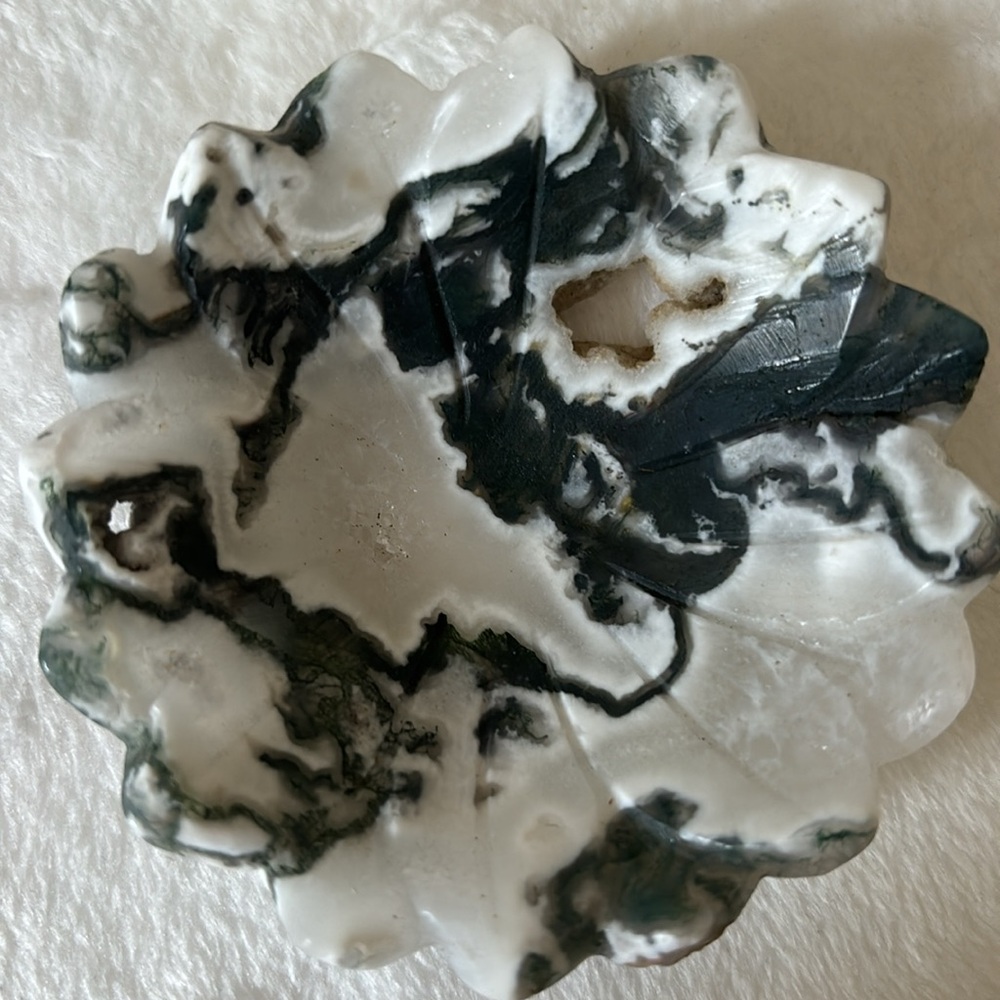 💚 Druzy Moss Agate Flower Carved Crystal Bowl